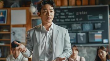 Asian man in a suit is giving a presentation in front of a group of people photo
