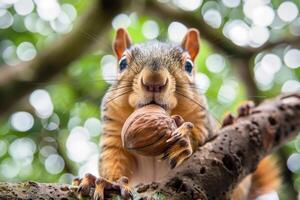 A playful squirrel holding a nut looks at the camera. photo