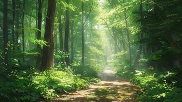 A sunlit forest path surrounded by lush green foliage in summer. photo