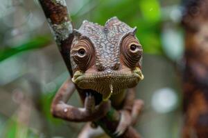 A curious chameleon clings to a branch, looking at the camera. photo