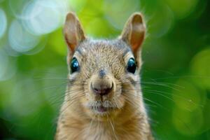 A curious squirrel looks directly into the camera. photo