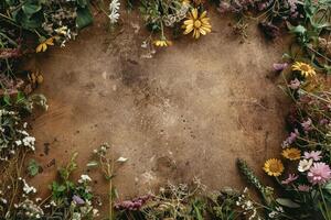 A rustic floral banner with an empty space for design elements. photo