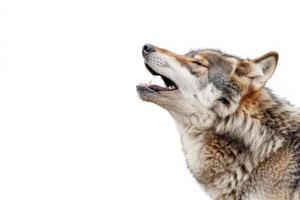 A wolf howling while standing. photo