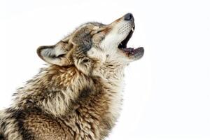 A wolf howling while standing. photo