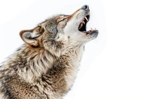 A wolf howling while standing. photo