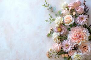 Small bouquet of pastel flowers with empty space on the left. photo