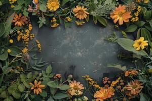 A rustic floral banner with an empty space for design elements. photo