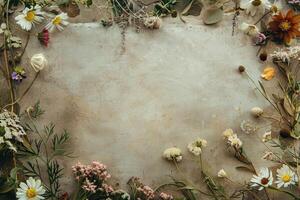 A rustic floral banner with an empty space for design elements. photo
