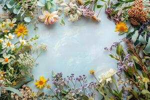 A rustic floral banner with an empty space for design elements. photo