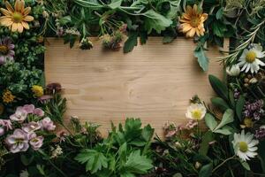 A rustic floral banner with an empty space for design elements. photo