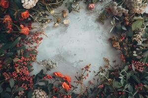 A rustic floral banner with an empty space for design elements. photo