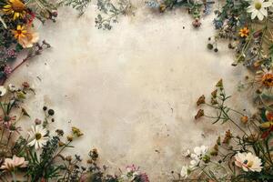 A rustic floral banner with an empty space for design elements. photo