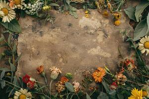 A rustic floral banner with an empty space for design elements. photo
