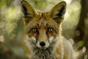 A curious fox stares directly into the camera. photo