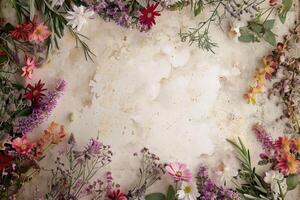 A rustic floral banner with an empty space for design elements. photo