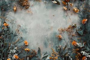 A rustic floral banner with an empty space for design elements. photo