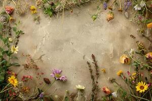 A rustic floral banner with an empty space for design elements. photo