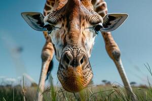 A curious giraffe leans down to look at the camera. photo