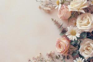 Small bouquet of pastel flowers with empty space on the left. photo
