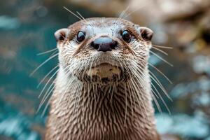 A curious otter looks directly into the camera. photo