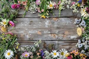 A rustic floral banner with an empty space for design elements. photo
