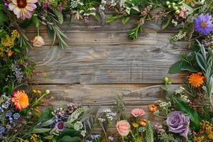 A rustic floral banner with an empty space for design elements. photo