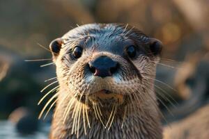 A curious otter looks directly into the camera. photo