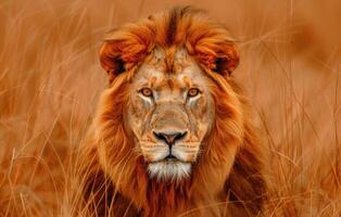 A majestic lion with a regal mane stares into the camera. photo