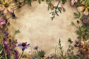 A rustic floral banner with an empty space for design elements. photo