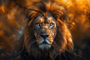 A majestic lion with a regal mane stares into the camera. photo