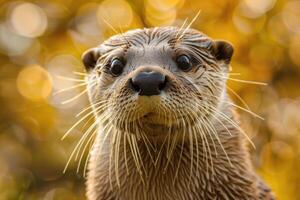 A curious otter looks directly into the camera. photo