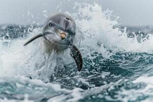 A playful dolphin leaps out of the water, looking at the camera. photo