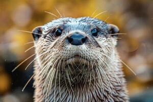 A curious otter looks directly into the camera. photo