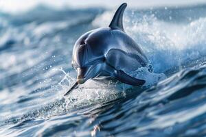 A playful dolphin leaps out of the water, looking at the camera. photo