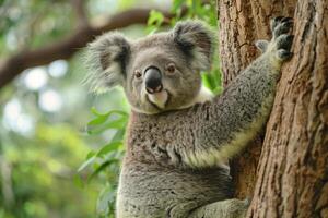 A playful koala clings to a tree, looking at the camera. photo