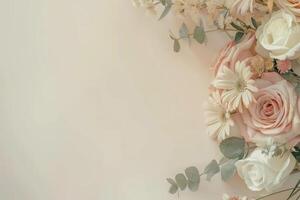Small bouquet of pastel flowers with empty space on the left. photo