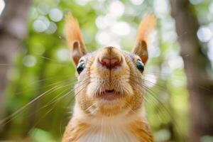 A curious squirrel looks directly into the camera. photo