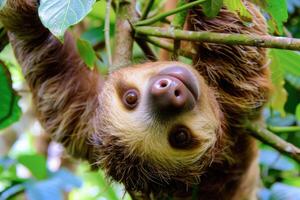 A playful sloth hanging from a tree, looking at the camera. photo