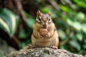 A playful chipmunk holding a nut looks at the camera. photo