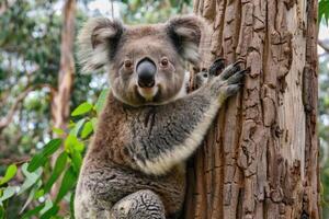 A playful koala clings to a tree, looking at the camera. photo