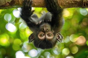 A playful monkey hangs from a branch, looking at the camera. photo