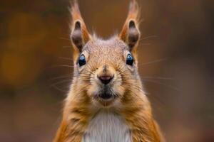 A curious squirrel looks directly into the camera. photo