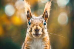 A curious squirrel looks directly into the camera. photo