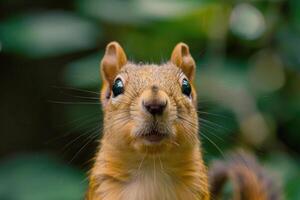 A curious squirrel looks directly into the camera. photo