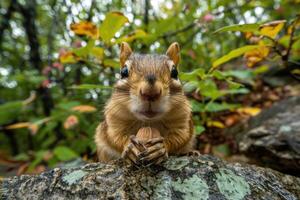 A playful chipmunk holding a nut looks at the camera. photo