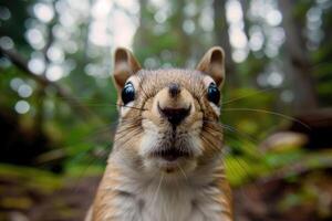A curious squirrel looks directly into the camera. photo