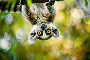 A playful lemur hangs from a branch, looking at the camera. photo