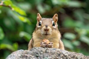 A playful chipmunk holding a nut looks at the camera. photo