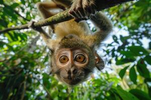 A playful monkey hangs from a branch, looking at the camera. photo