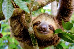 A playful sloth hanging from a tree, looking at the camera. photo
